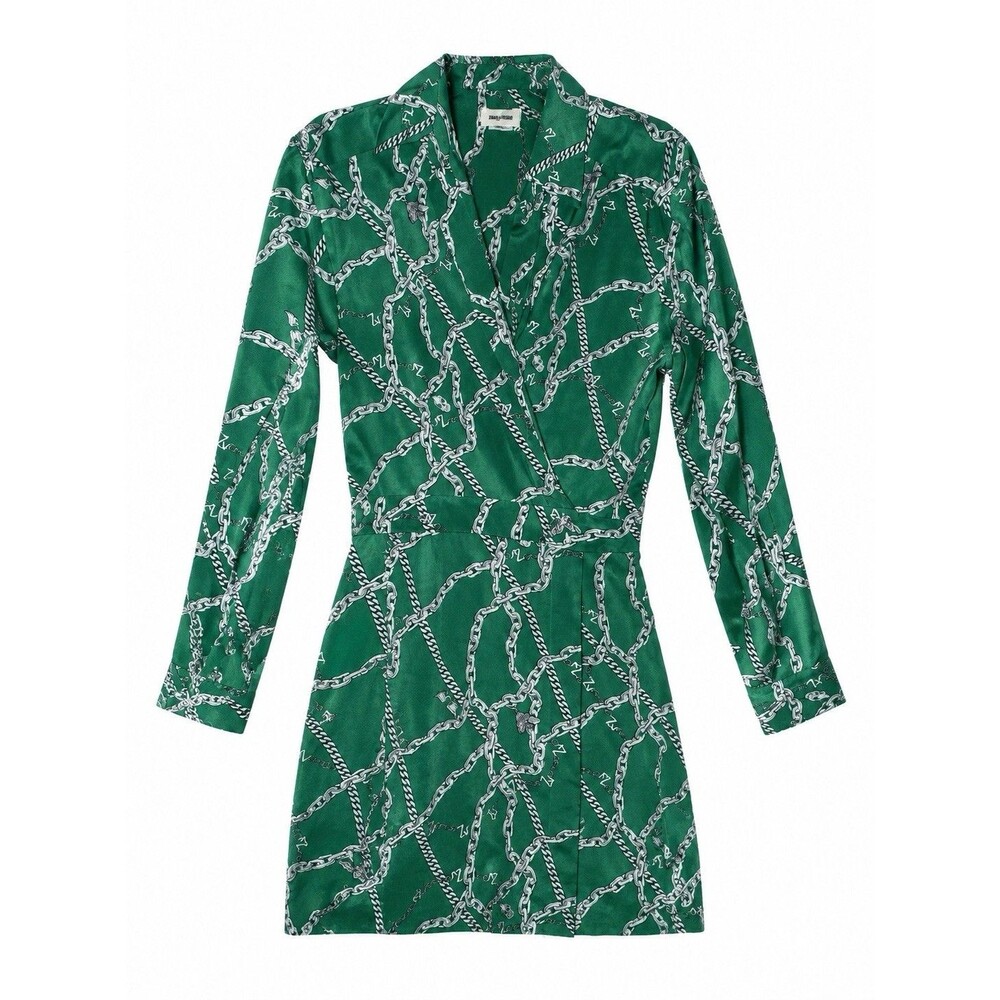 Zadig & Voltaire Ravy Chain Print 100% Silk Mini Shirt Dress Green Small